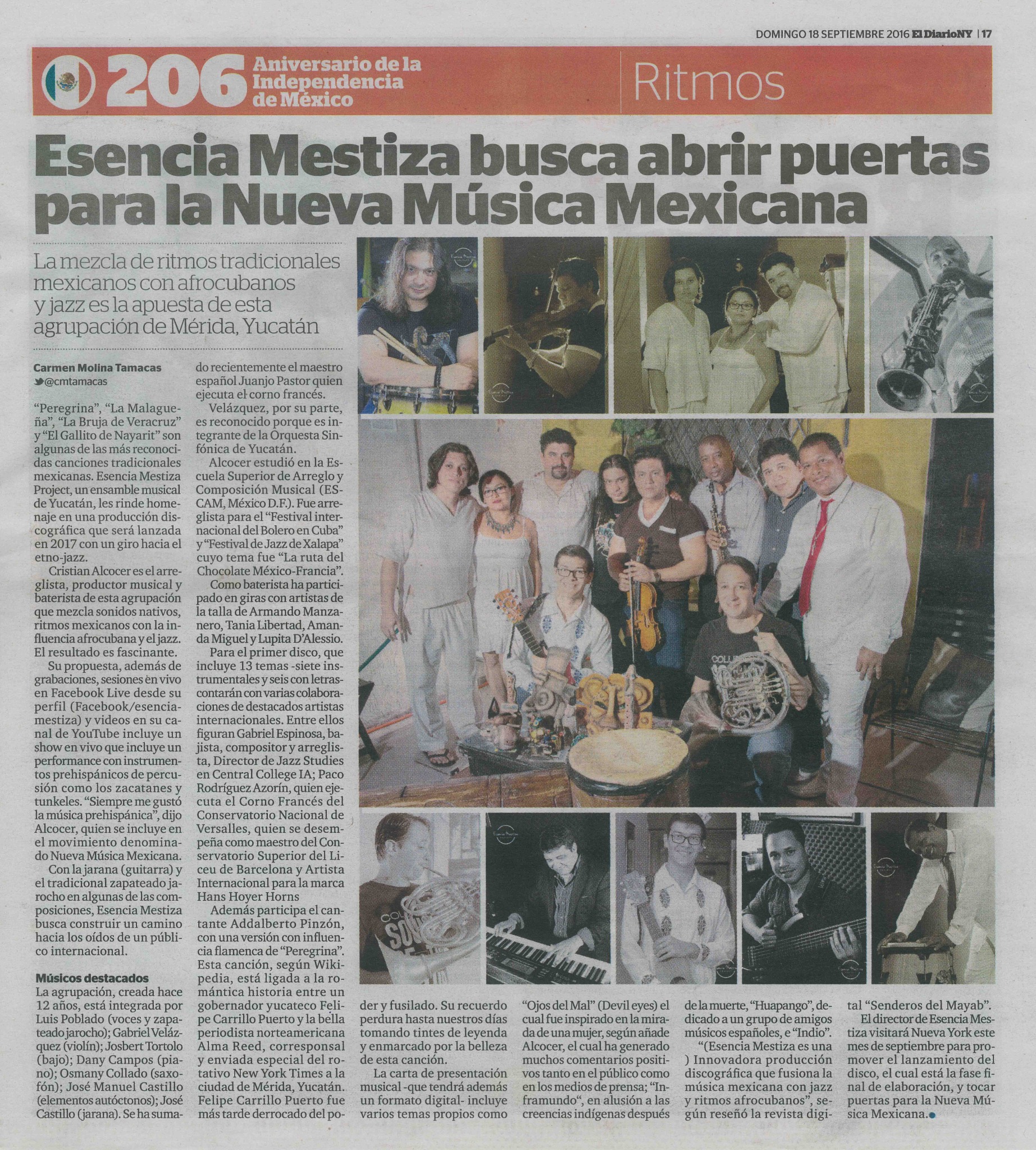 Full El Diario NY press clipping about Cris Alcocer and Esencia Mestiza